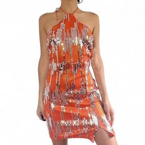 Fashion Nova Orange and Silver Sequin Backless Dress